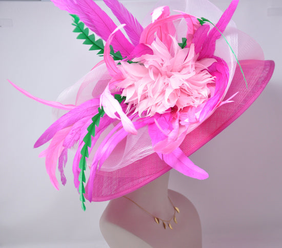 Hot Pink W Pink Fuschia  Green  Feather Flowers   Kentucky Derby,Tea Party Carriage Party  Royal AscotWide Brim  Sinamay Hat