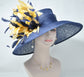 Navy Blue  w Gold  Feather Flowers  Kentucky Derby,Tea Party Carriage Party  Royal AscotWide Brim  Sinamay Hat