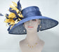 Navy Blue  w Gold  Feather Flowers  Kentucky Derby,Tea Party Carriage Party  Royal AscotWide Brim  Sinamay Hat