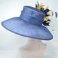 Navy Blue  w Gold  Feather Flowers  Kentucky Derby,Tea Party Carriage Party  Royal AscotWide Brim  Sinamay Hat