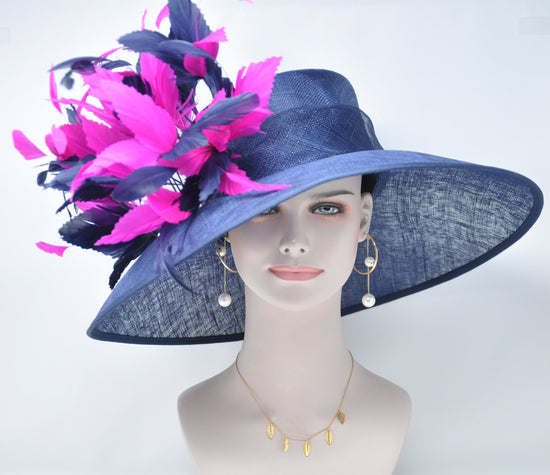 Navy Blue  w Hot Pink Feather Flowers  Kentucky Derby,Tea Party Carriage Party  Royal AscotWide Brim  Sinamay Hat