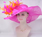 Hot Pink/Fuchsia w Orange  Feather Flower Kentucky Derby Hat, Church Hat, Wedding Hat, Easter Hat, Tea Party Hat Wide Brim  Sinamay  Hat