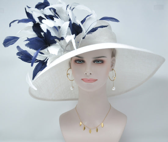 Church Kentucky Derby HatCarriage Tea Party Wedding Wide Brim  Royal A Hat  Sinamay Hat  White w Navy Blue  Feather Flower