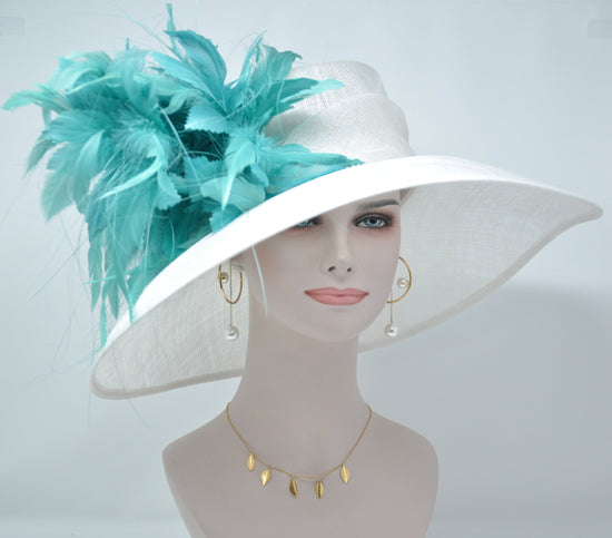 White with Turquoise Feather Flowers  Kentucky Derby Hat Tea Party Carriage Party  Royal AscotWide Brim  Sinamay Hat