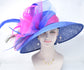 Royal Blue  w Hot Pink Feather Flowers  Peacock Feathers  Kentucky Derby,Tea Party Carriage Party  Royal AscotWide Brim  Sinamay Hat