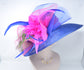 Royal Blue  w Hot Pink Feather Flowers  Peacock Feathers  Kentucky Derby,Tea Party Carriage Party  Royal AscotWide Brim  Sinamay Hat