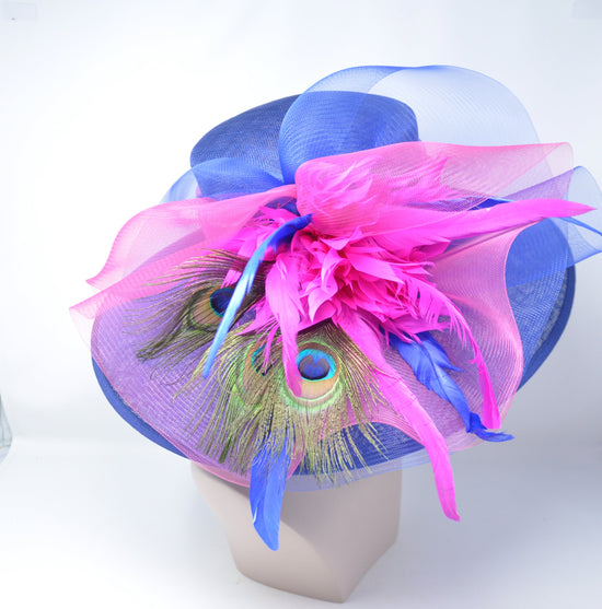 Royal Blue  w Hot Pink Feather Flowers  Peacock Feathers  Kentucky Derby,Tea Party Carriage Party  Royal AscotWide Brim  Sinamay Hat