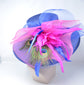 Royal Blue  w Hot Pink Feather Flowers  Peacock Feathers  Kentucky Derby,Tea Party Carriage Party  Royal AscotWide Brim  Sinamay Hat