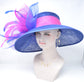 Royal Blue  w Hot Pink Feather Flowers  Peacock Feathers  Kentucky Derby,Tea Party Carriage Party  Royal AscotWide Brim  Sinamay Hat