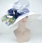 Church Kentucky Derby Hat Wide Brim Sinamay Hat  Carriage Tea Party Wedding  White with Navy Blue Peacock Feathers