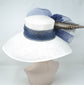 Church Kentucky Derby Hat Wide Brim Sinamay Hat  Carriage Tea Party Wedding  White with Navy Blue Peacock Feathers