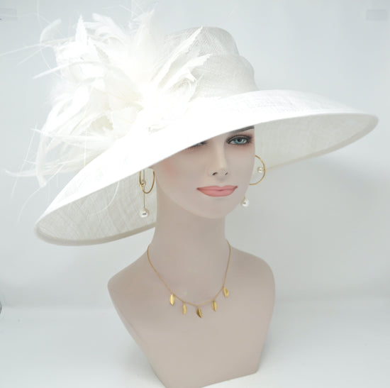 White with Feather Flowers  Kentucky Derby Hat Tea Party Carriage Party  Royal AscotWide Brim  Sinamay Hat