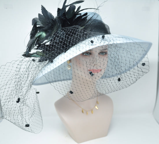 Powder Blue with Black Feather Flowers  And Netting  Kentucky Derby,Tea Party Carriage Party  Royal AscotWide Brim  Sinamay Hat