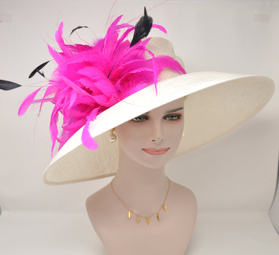 Church Kentucky Derby HatCarriage Tea Party Wedding Wide Brim   Sinamay Hat Ivory  w Hot Pink Feather Flower and Black  Feathers