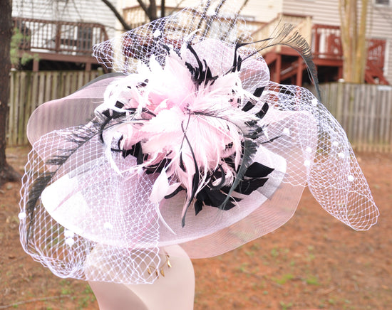 White  w Black, Pink Feathers  Kentucky Derby,Tea Party Carriage Party  Wide Brim  Sinamay Hat