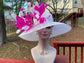 White with Feather Flowers  Kentucky Derby,Tea Party Carriage Party  Royal AscotWide Brim  Sinamay Hat