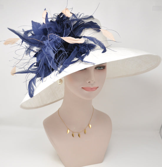 Church Kentucky Derby HatCarriage Tea Party Wedding Wide Brim   Sinamay Hat White w Navy Blue  Feather Flower and Nude  Feathers