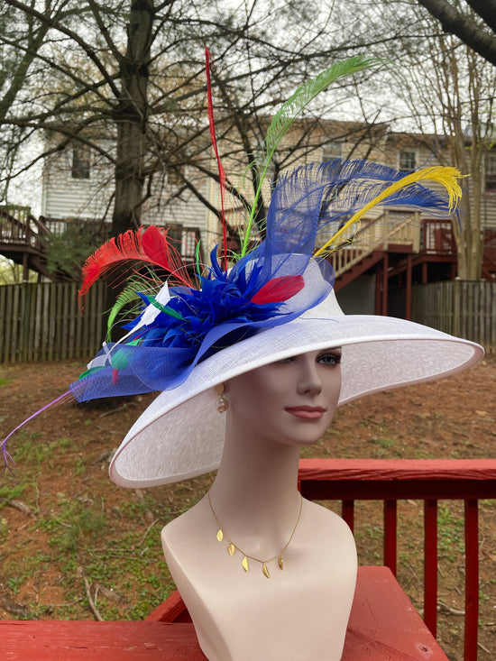 Church Kentucky Derby Hat  Carriage Tea Party Wedding Wide Brim  Royal Ascot Horse Race Oaks day hatWhite w Multi Color Feathers