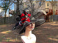 Black w Red Silk Flowers  Peacock Feathers  Kentucky Derby,Tea Party Carriage Party  Royal AscotWide Brim  Sinamay Hat