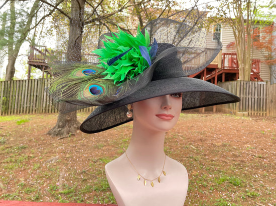 Church Kentucky Derby Hat Carriage Tea Party Wedding  Black with Green Feather Flower Peacock Feathers