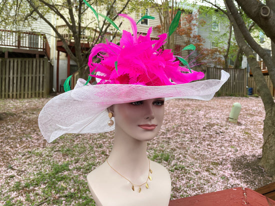 White w Hot Pink Feather Flower Green Feathers Kentucky Derby Hat, Church Hat, Wedding Hat,  Tea Party Hat Wide Brim  Sinamay  Hat