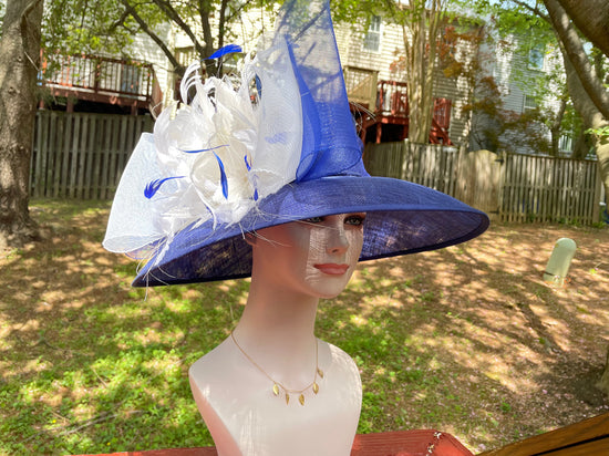 Church Kentucky Derby HatCarriage Tea Party Wedding Wide Brim  Royal Ascot Hat in Solid Sinamay Hat Royal  Blue w White