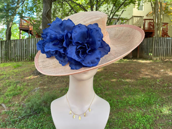 Large Wide Brimmed Sinamay Hat Swirl Detail with Satin Flowers  Kentucky Derby Hat, Church Hat, Wedding Hat, Easter Hat Peach W Navy Blue