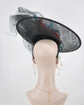 Black w Blue and Coral Pink  Sinamay Disc Fascinator Hat with  Jumbo Silk Flowers, Jumbo Tullie Bows  and Feather Flowers