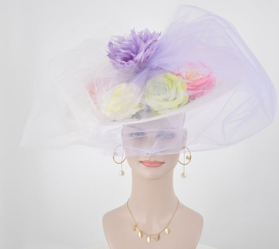 White Sinamay Disc Fascinator Hat with  Jumbo Multi Color Silk Flowers, Jumbo Tullie Bows  and Feather Flower