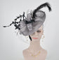 Sinamay Disc Fascinator Hat with Feathers and Netting  Gray/Silver w Black Lovely Sophisticated For derby Race Church Dress Cocktail