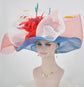 Blue w White Red  Jumbo Bow and Feather Flowers Kentucky Derby Hat,  Tea Party Hat Wide Brim  Sinamay  Hat