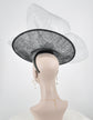 Black Sinamay Disc Fascinator Hat with Gray/Silver Handmade Silk Flowers and Jumbo Bow