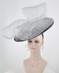 Black Sinamay Disc Fascinator Hat with Gray/Silver Handmade Silk Flowers and Jumbo Bow