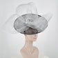 Black Sinamay Disc Fascinator Hat with Gray/Silver Handmade Silk Flowers and Jumbo Bow