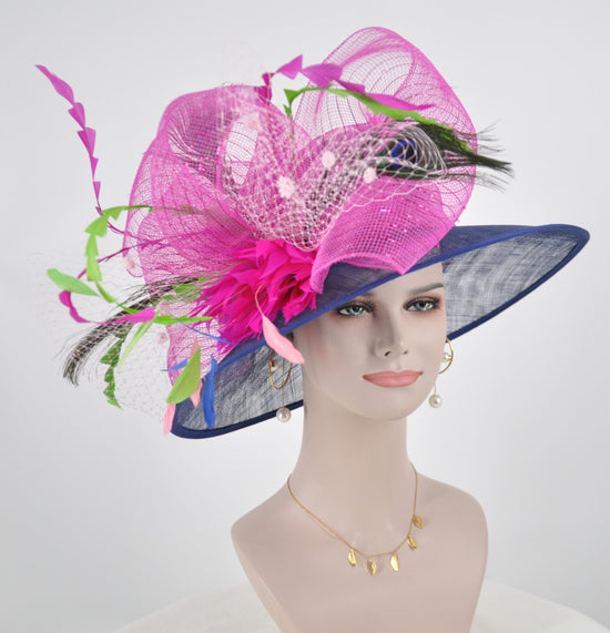 Church Kentucky Derby HatCarriage Tea Party Wedding Wide Brim Woman’s Sinamay Hat Blue w Hot Pink Pink and Green