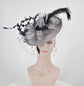 Sinamay Disc Fascinator Hat with Feathers and Netting  Gray/Silver w Black Lovely Sophisticated For derby Race Church Dress Cocktail