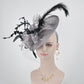 Sinamay Disc Fascinator Hat with Feathers and Netting  Gray/Silver w Black Lovely Sophisticated For derby Race Church Dress Cocktail