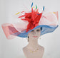 Blue w White Red  Jumbo Bow and Feather Flowers Kentucky Derby Hat,  Tea Party Hat Wide Brim  Sinamay  Hat