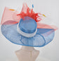 Blue w White Red  Jumbo Bow and Feather Flowers Kentucky Derby Hat,  Tea Party Hat Wide Brim  Sinamay  Hat