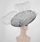 Black Sinamay Disc Fascinator Hat with Gray/Silver Handmade Silk Flowers and Jumbo Bow