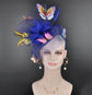 Kentucky Derby Wedding Feather w Butterflies  Floral Organza w Sinamay Headband Fascinator Hat Cocktail Royal Blue