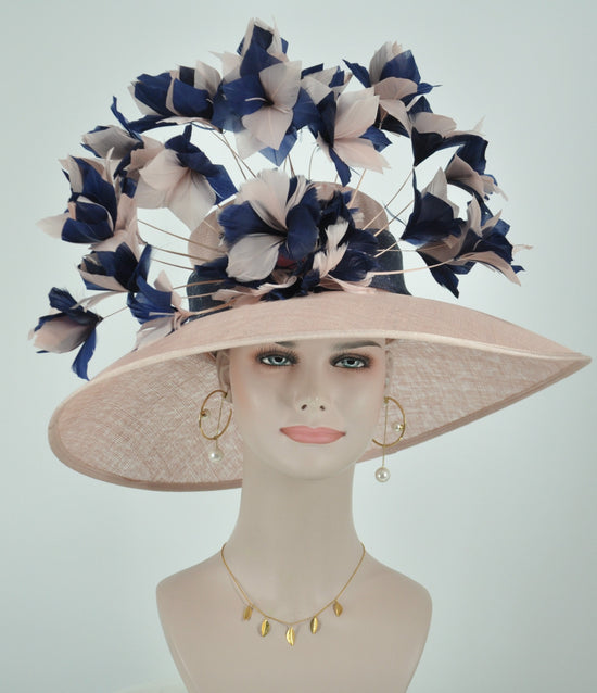 Dusty Pink with Navy Blue Jumbo Feather Flowers  Church Kentucky Derby Hat , Tea Party Carriage Party  5.5~6.25" Wide Brim  Sinamay Hat