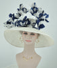 White with Navy Blue Jumbo Feather Flowers  Church Kentucky Derby Hat Tea Party Carriage Party  Royal AscotWide Brim  Sinamay Hat