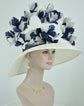 White with Navy Blue Jumbo Feather Flowers  Church Kentucky Derby Hat Tea Party Carriage Party  Royal AscotWide Brim  Sinamay Hat