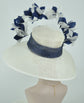 White with Navy Blue Jumbo Feather Flowers  Church Kentucky Derby Hat Tea Party Carriage Party  Royal AscotWide Brim  Sinamay Hat