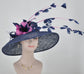 Navy Blue w Hot Pink  Feather Flowers Kentucky Derby Hat Tea Party Carriage Party Royal Ascot Oaks day hat