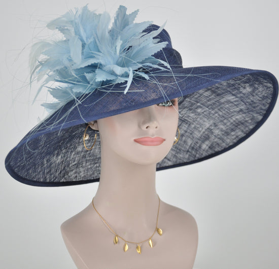 Navy w Powder Blue Feather Flowers Kentucky Derby Hat,Tea Party Carriage Party  Royal AscotWide Brim  Sinamay Hat