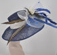 Church Kentucky Derby Hat  Carriage Tea Party Wedding  Navy Blue w White Flower Peacock Feathers