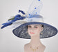 Church Kentucky Derby Hat  Carriage Tea Party Wedding  Navy Blue w White Flower Peacock Feathers