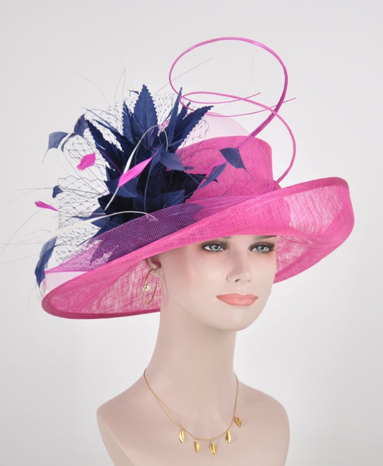 Church Kentucky Derby Hat Carriage Tea Party Wedding Royal Ascot Horse Race Oaks day hat (Hot Pink + Navy Blue+colors)